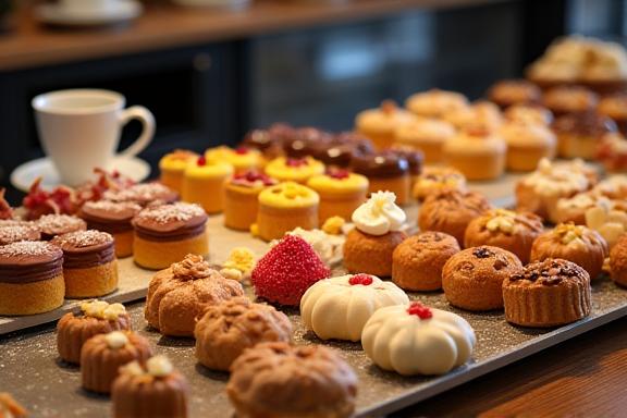 Una selezione di pasticcini di Zafferano Dolce esposti sul bancone di un caffè.